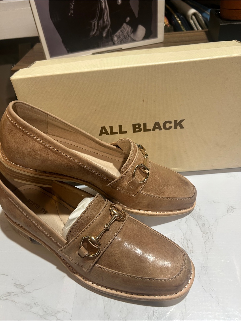 All Black Tan Leather Loafers with Gold Horsebit